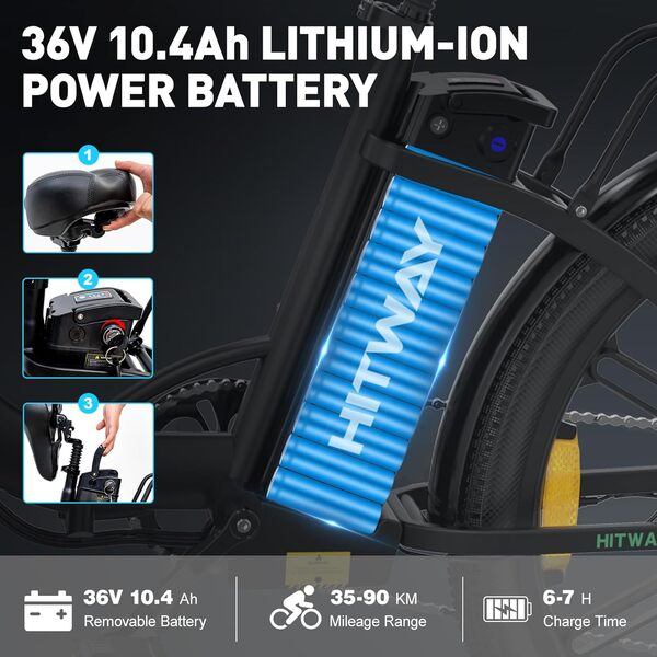 HITWAY Vélo Électrique, 26 Pouces Vélo De Ville Électrique, E-Bike De Banlieue Pliable, Batterie Lithium-ION Amovible 36V/10,4Ah, Moteur 250W, Transmission 7 Vitesses, Vélo Électrique pour Adultes