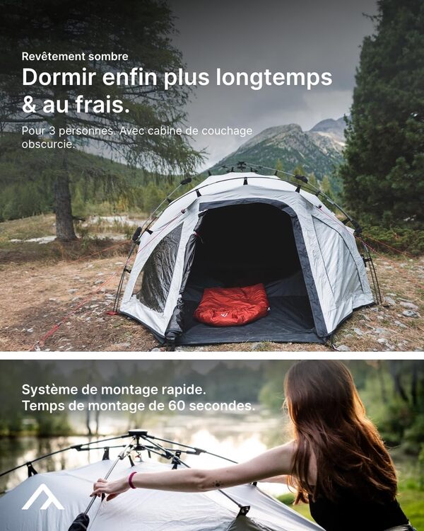 qeedo Quick Oak 3, Tente de Camping pour 3 Personnes, Tente Montage Rapide, Quick-Up-System, Dark Series (Nuit Noire à l’intérieur)