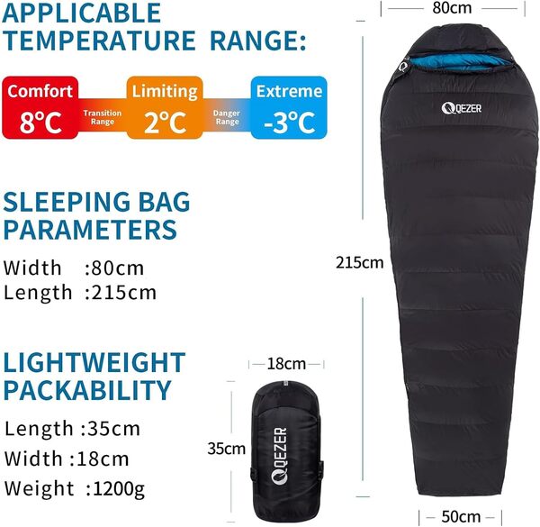QEZER Sac de couchage en duvet 3 saisons, rembourrage plus léger 600 g duvet de canard 620 FP fourrure de camping, randonnée et randonnée en plein air avec petit sac compressible