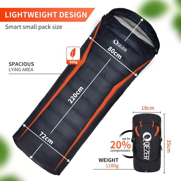 QEZER Sac de couchage en duvet ultraléger de -3 °C à 8 °C pour 4 saisons de camping, randonnée et plein air, garnissage 600 g de duvet de canard de qualité supérieure
