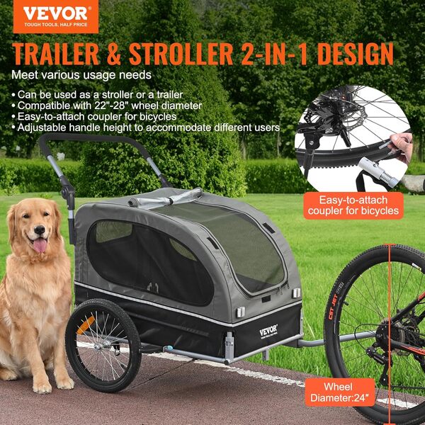 VEVOR Remorque de Vélo Chien Pliable Charge 40 kg Poussette d'Animaux de Compagnie 2en1 Cadre Facile à Plier avec Roues à Dégagement Rapide, Coupleur de Vélo Universel, Réflecteurs, Drapeau, Noir/Gris