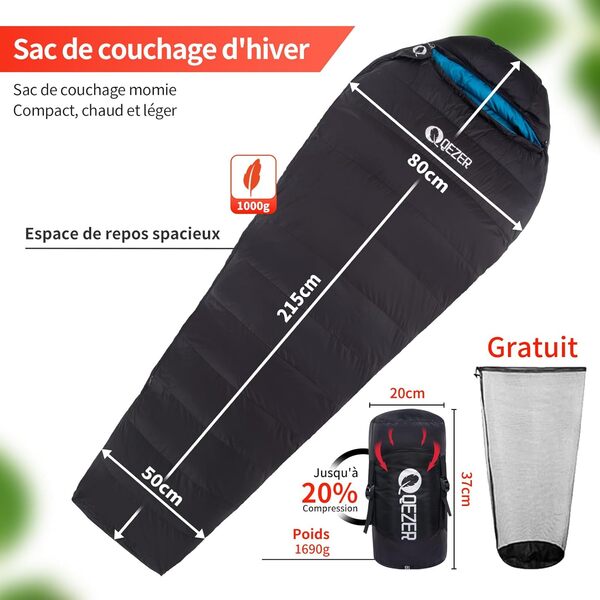 Sac de Couchage QEZER en Duvet, Sac de Couchage d'hiver pour l'extérieur, 0 °C à -18 °C, fabriqué en Duvet 600 FP de Haute qualité, adapté au Camping, à la randonnée et à la randonnée pédestre