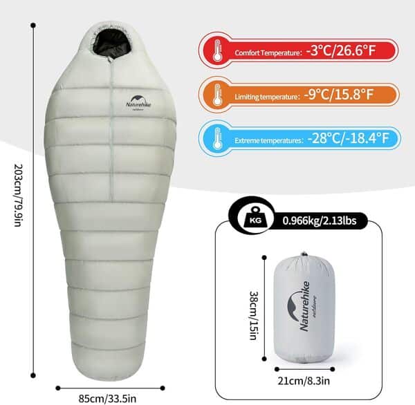 Naturehike Sac de Couchage Ultraléger en Duvet 4 Saisons avec Duvet d'oie 860FP pour Adultes Camping Hiking Outdoor