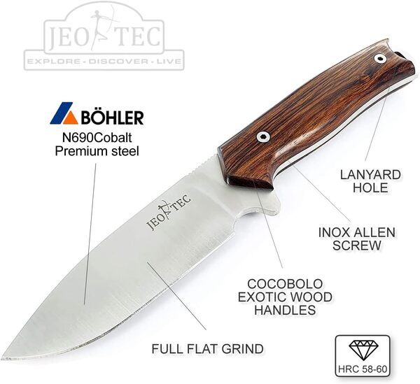 JEO-TEC Nº21 Couteau Bushcraft Survie Chasse Camping Randonnée et Plein Air - Couteau avec Lame Fixe en Acier Inoxydable de 11 cm - Étui en Cuir - Fabriqué en Espagne