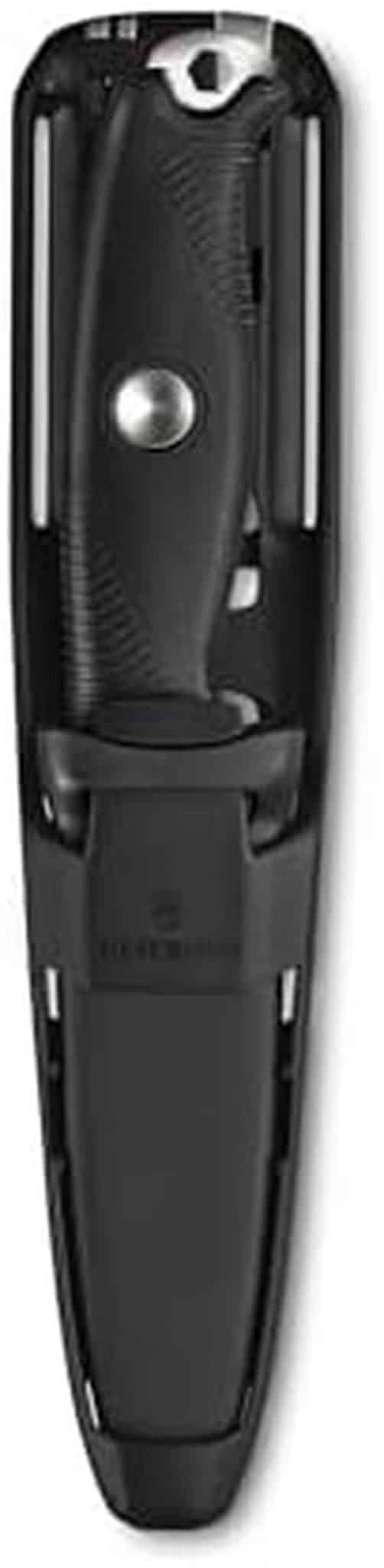 VICTORINOX Couteau de Poche Venture, 9 Fonctions, Couteau Outdoor à Lame Fixe, y c. Lame 10,5 cm, Pincette et Pierre à Feu, Pleine Soie, Noir