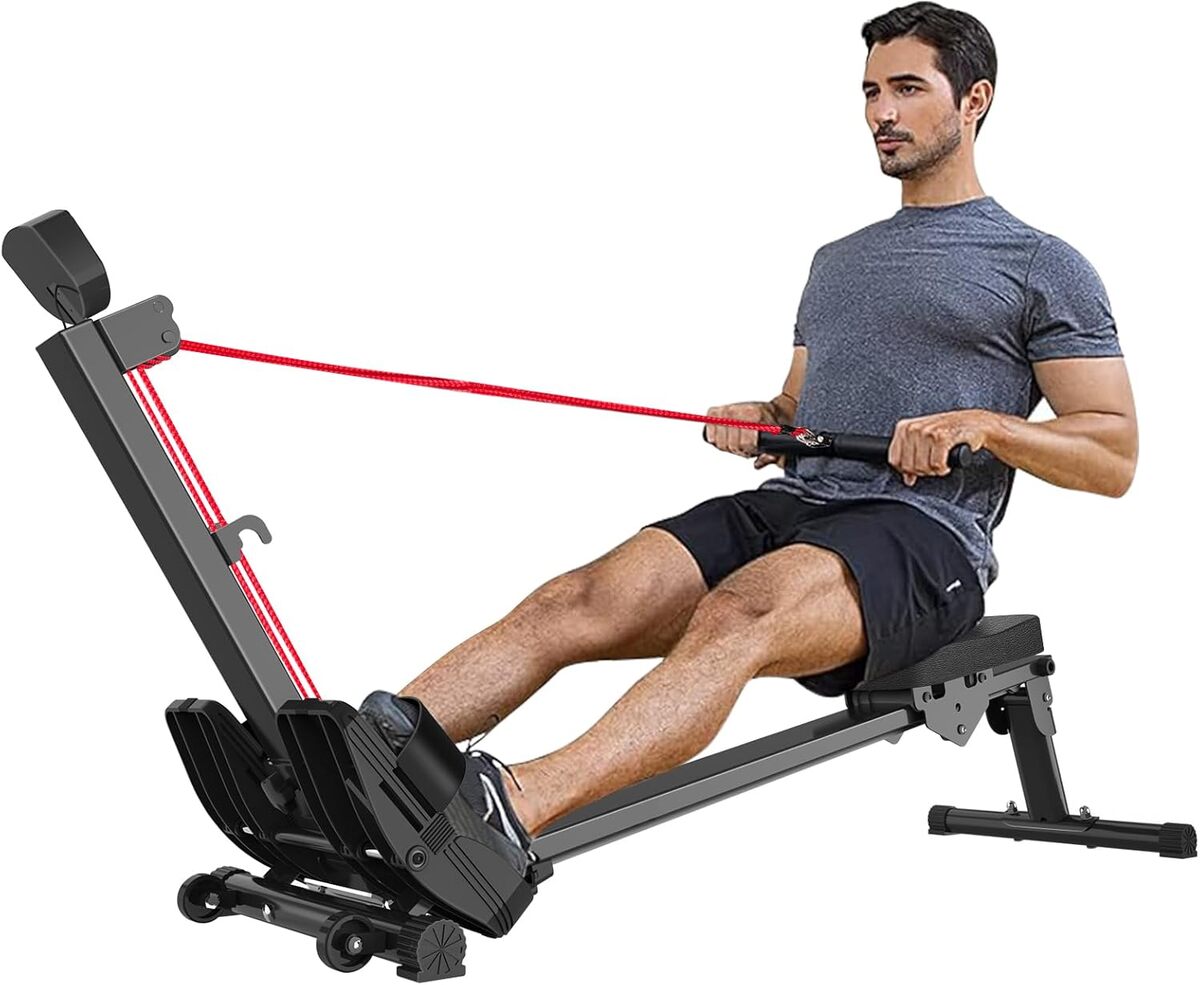 Test du rameur pliable rouge Rowing Machine : capacité de 120 kg