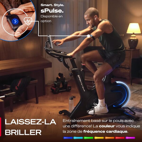 Sportstech sBike Lite - Vélo d'intérieur Intelligent avec Ses LED intégrées + Application avec Cours en Direct et à la Demande et Support de Tablette à 360° pour Un entraînement Complet du Corps