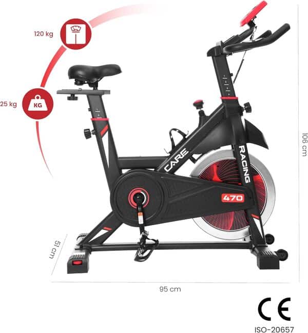 CARE FITNESS - Vélo de Biking- Racing - 7 Fonctions Essentielles - Confortable et Pratique - Stabilité et Bonne Posture Garantie - Masse d'Inertie 12 kg