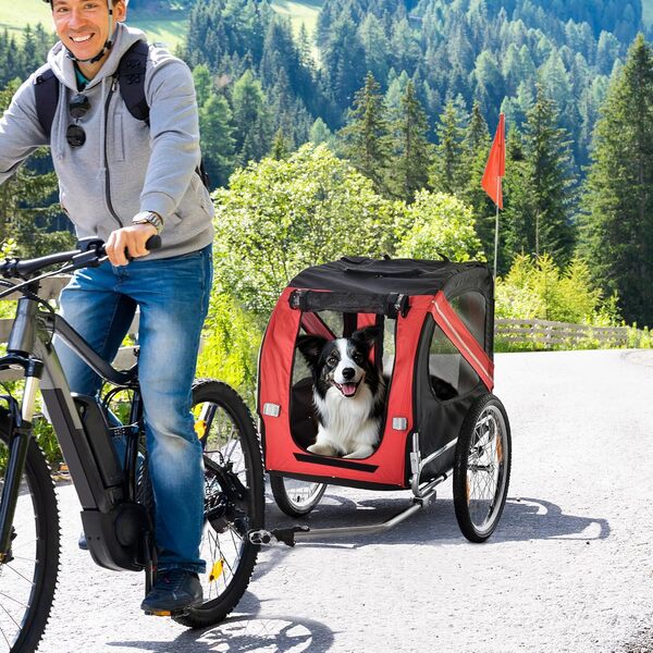 PawHut Remorque vélo pour Chien Animaux Pliable 8 réflecteurs Drapeau Barre attelage Inclus Acier Polyester imperméable Max. 30 Kg 130L x 73l x 90H cm