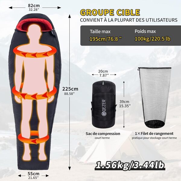 QEZER en Duvet Sac de Couchage Adulte ultraléger 650FP, Petit Paquet pouvant Supporter jusqu'à 2℃~-30°C,Sac de Couchage Grand Froid, adapté au Camping randonnée en Plein air
