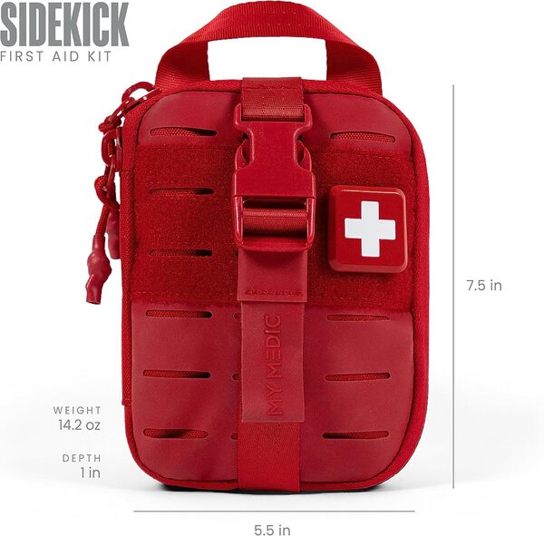 My Medic Sidekick Kit de premiers secours pour camping, randonnée et randonnée, 70 pièces, éligible HSA et FSA - Petit Ifak idéal pour les voyages ou la moto - Kit d'urgence portable - Rouge
