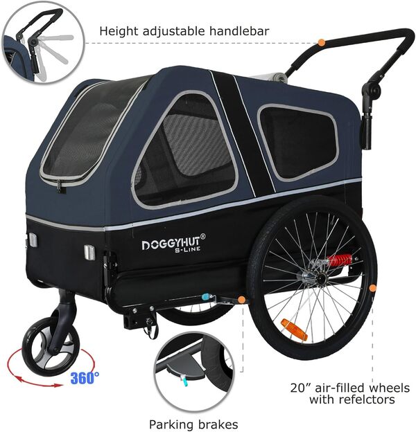 DOGGYHUT® S-Line XL Remorque de vélo et poussette pour chiens jusqu'à 45,4 kg, chariot pliable, roues de suspension, centre de gravité bas, freins de stationnement