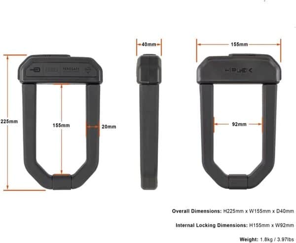 Hiplok D1000, Antivol en U, Unisex, ALL BLACK, Zone de fermeture : 15,5 cm x 9,2 cm