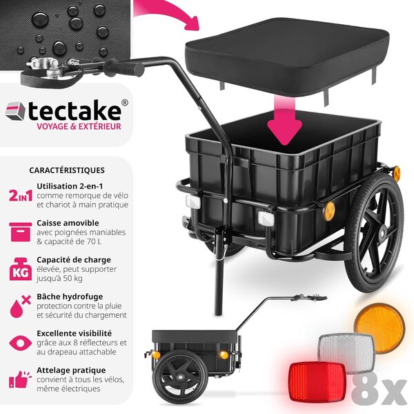tectake® Chariot à roulettes Remorque pour vélo 2en1 Remorque Chariot de Transport avec attelage Timon Haut Tout Type de vélo VTT Vélo électrique 70L de Volume Max. 50 kg Bâche imperméable Incluse