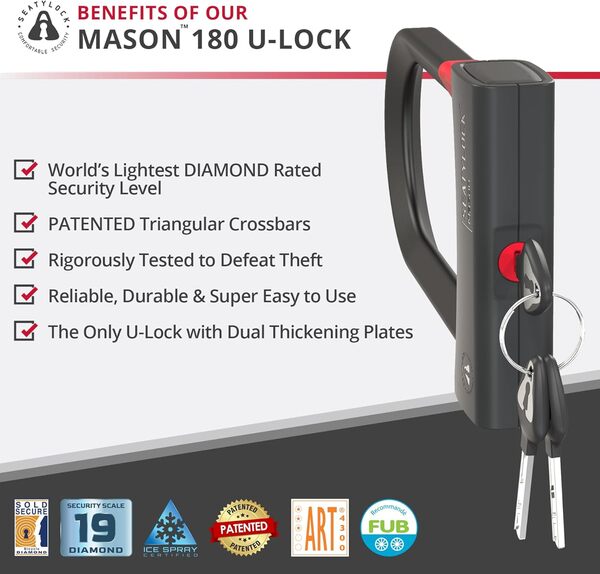 Seatylock Mason Antivol Velo U, Classé Sold Secure Diamond - Cadenas Velo Antivol U Breveté - Haute Sécurité avec 3 Ans de Tranquillité d'Ésprit - Léger et Portable - 18 cm