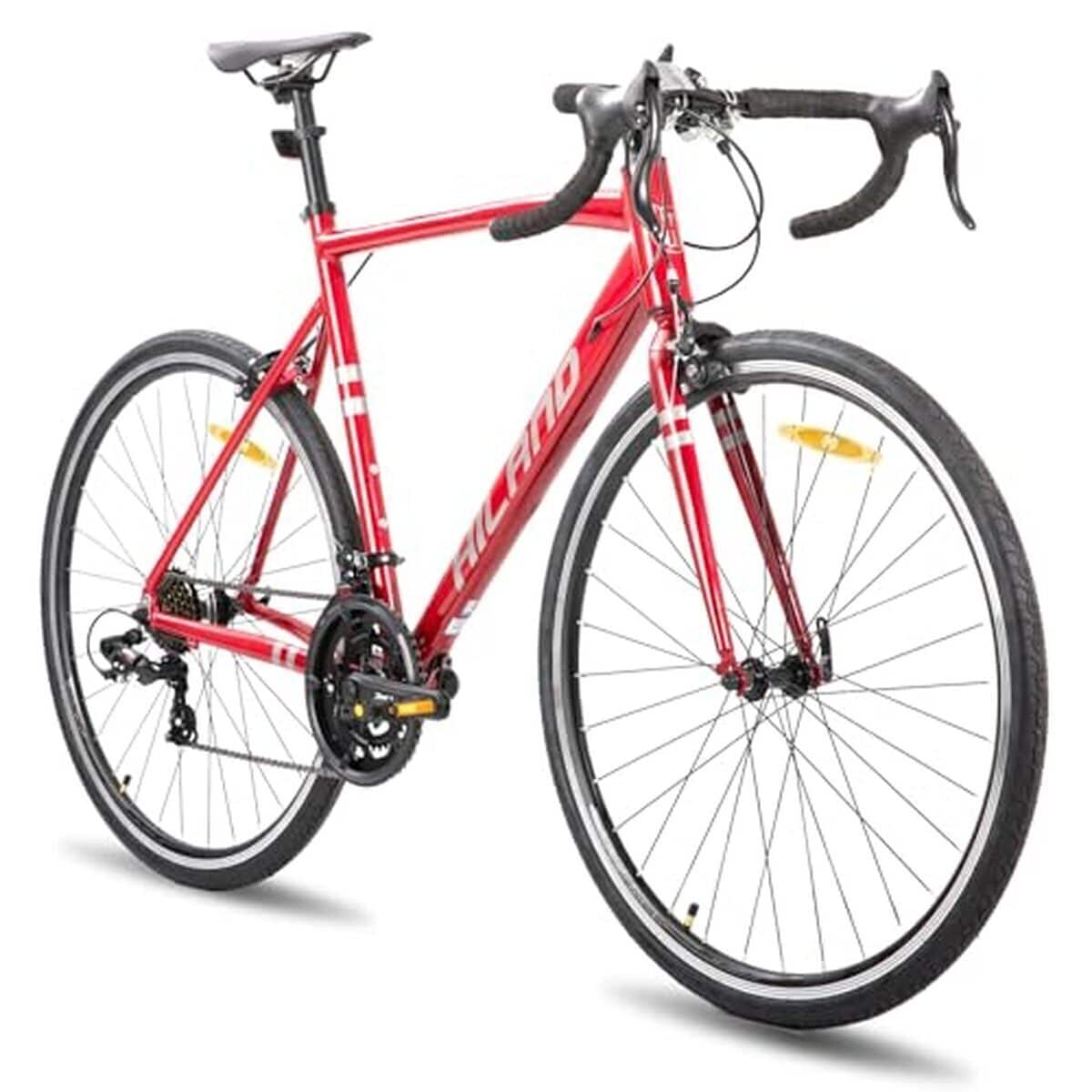 Test du vélo hybride Hiland : cadre alu, 14 vitesses, modèle unisexe rouge